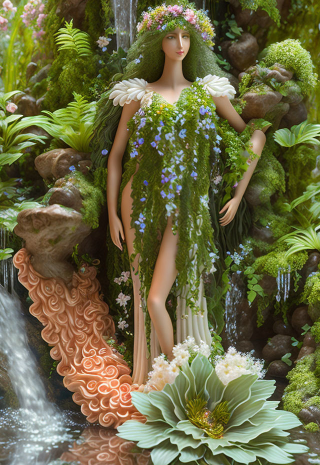 Nature-themed mannequin adorned with greenery and flowers by a waterfall