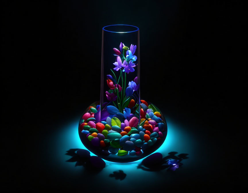 Illuminated Flowers in Cylindrical Vase with Colorful Stones