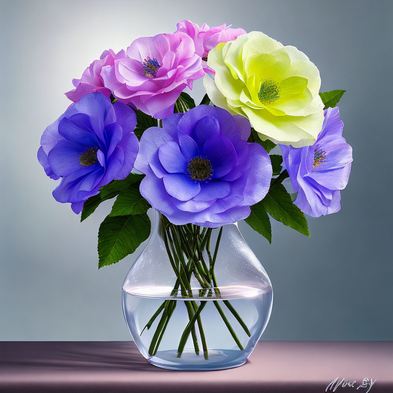 Colorful Artificial Flower Bouquet in Glass Vase on Gray Background
