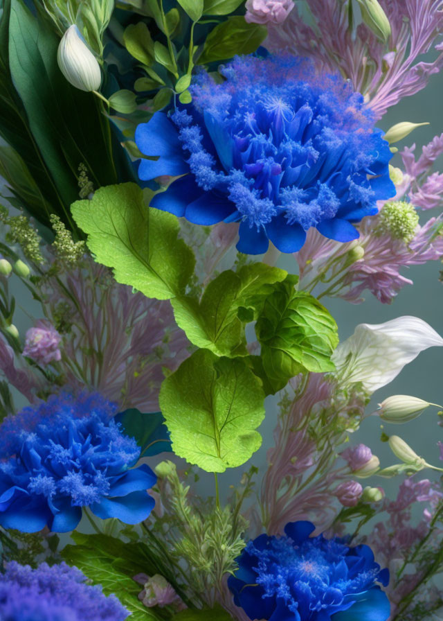 Vibrant close-up of blue, pink, and white floral arrangement