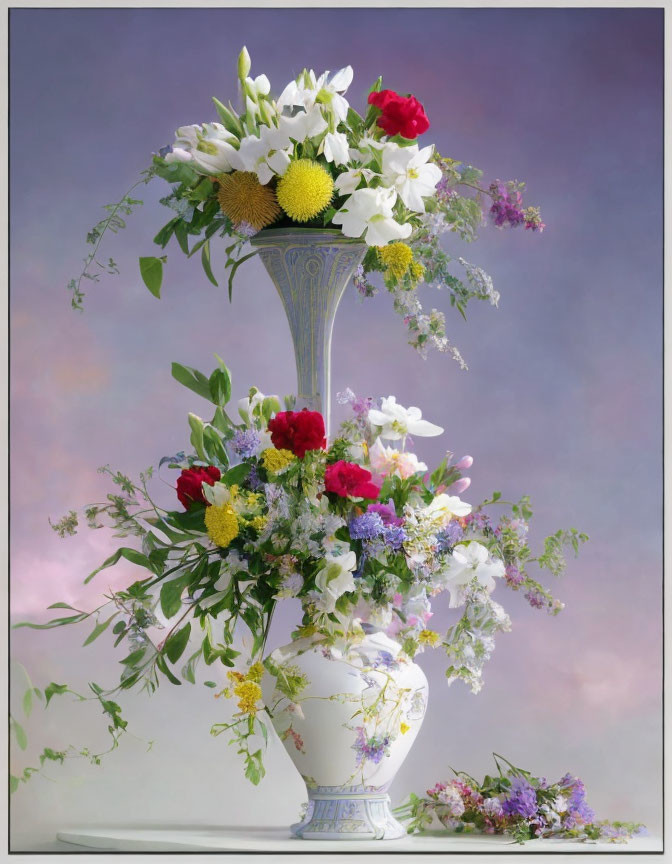 Assorted Flowers in Decorative Vase on Violet Background