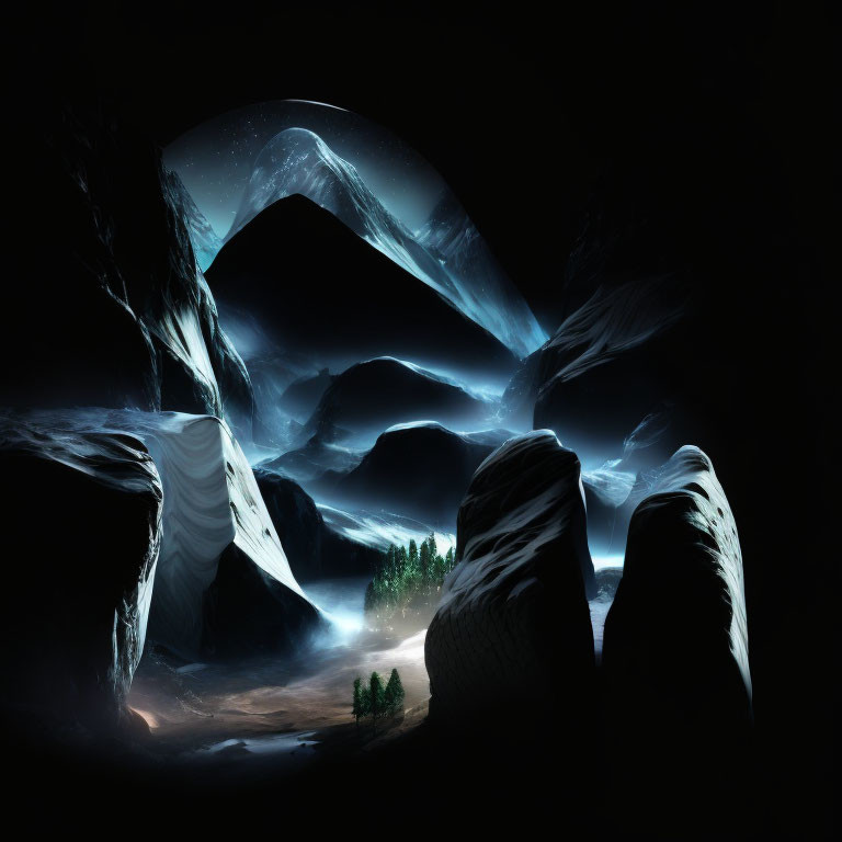 Mystical nightscape: Luminous blue streams, forest clearing, dark mountains