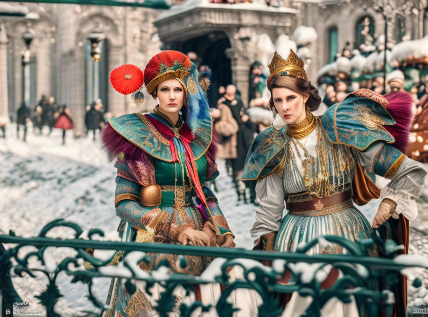 Elaborate Medieval-Style Costumes in Snowy Setting