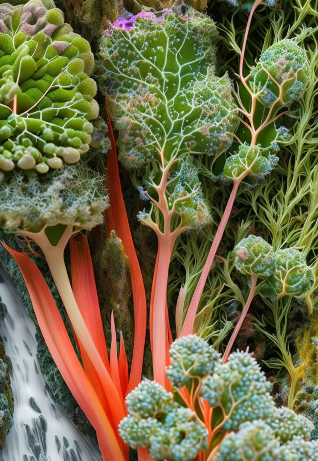 Detailed macro image of diverse plant life textures by a stream