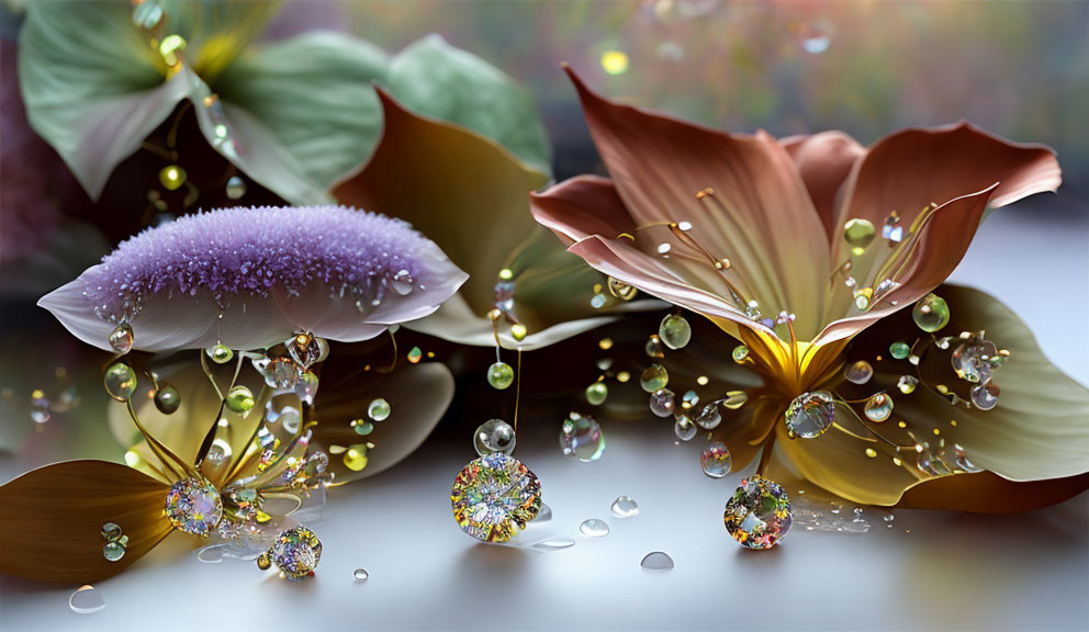 Close-Up Dew-Covered Flowers with Water Droplets on Petals