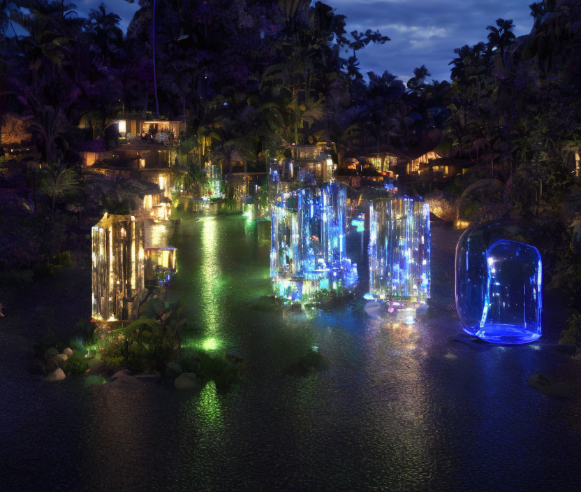 Serene nighttime scene with glowing crystal structures