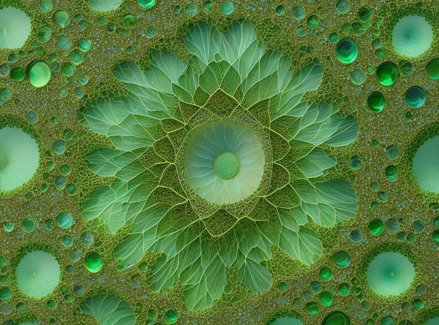 Symmetrical green leaf fractal with circular motifs