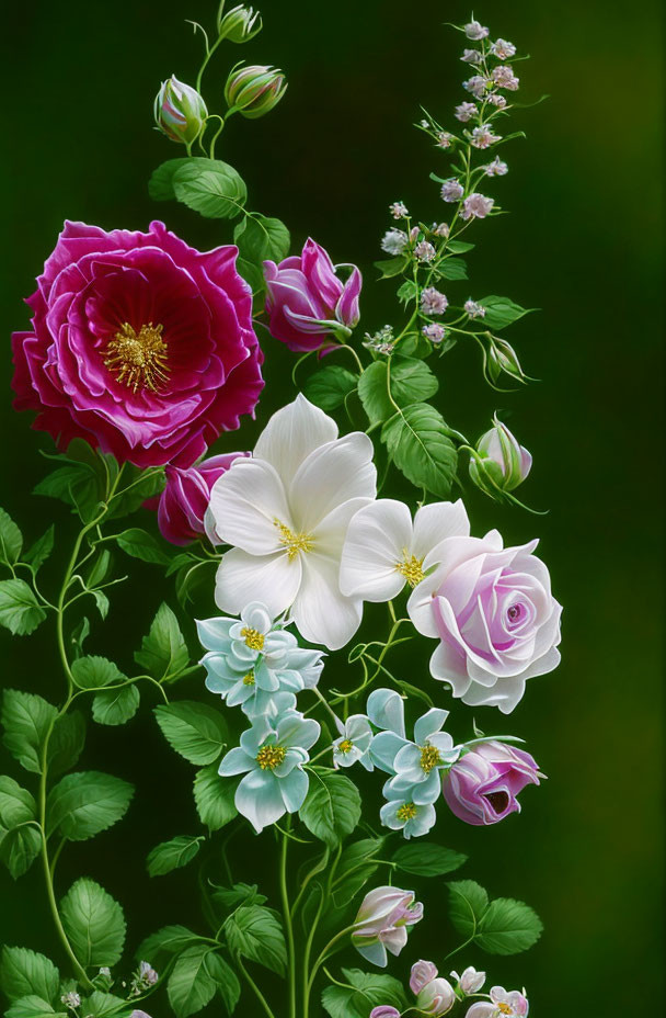 Colorful Flower Collection: Red Rose, White & Purple Blossoms