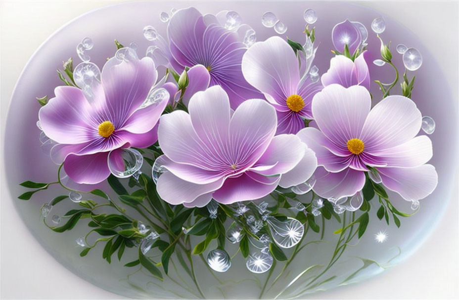 Delicate purple flowers with translucent petals and yellow centers in digital artwork