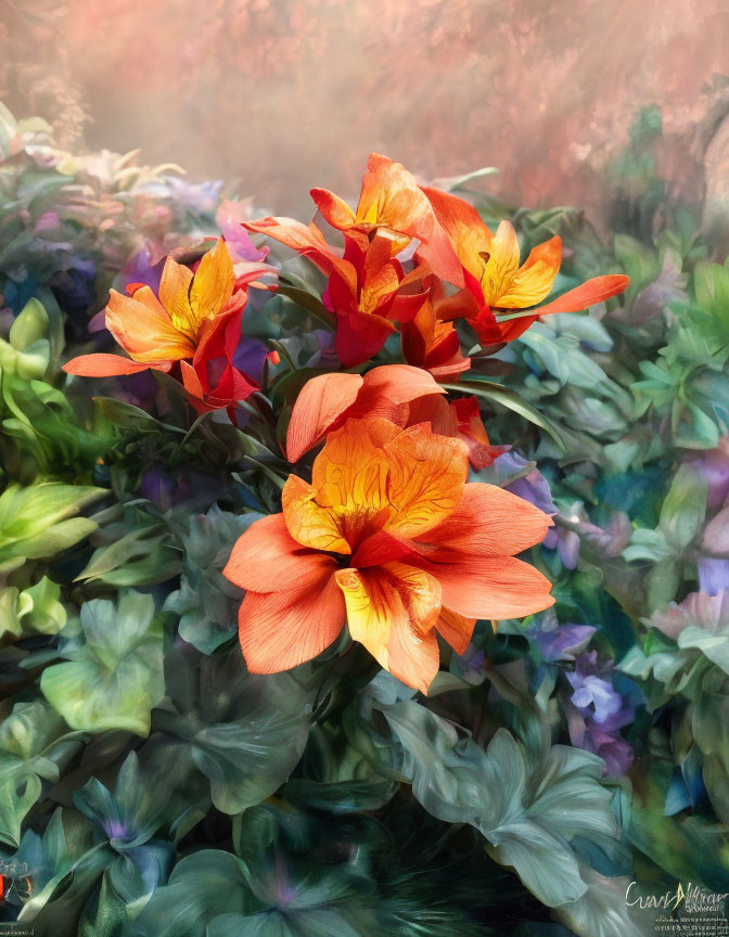 Colorful Orange Flowers Against Soft Floral Background