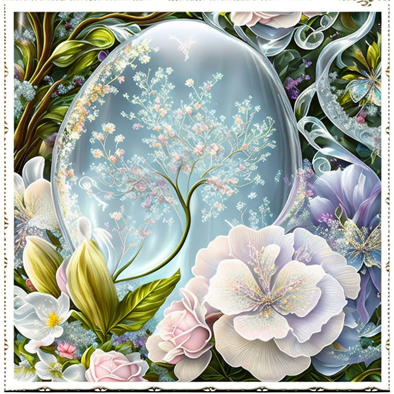 Detailed Illustration of Blooming Tree in Egg-shaped Frame