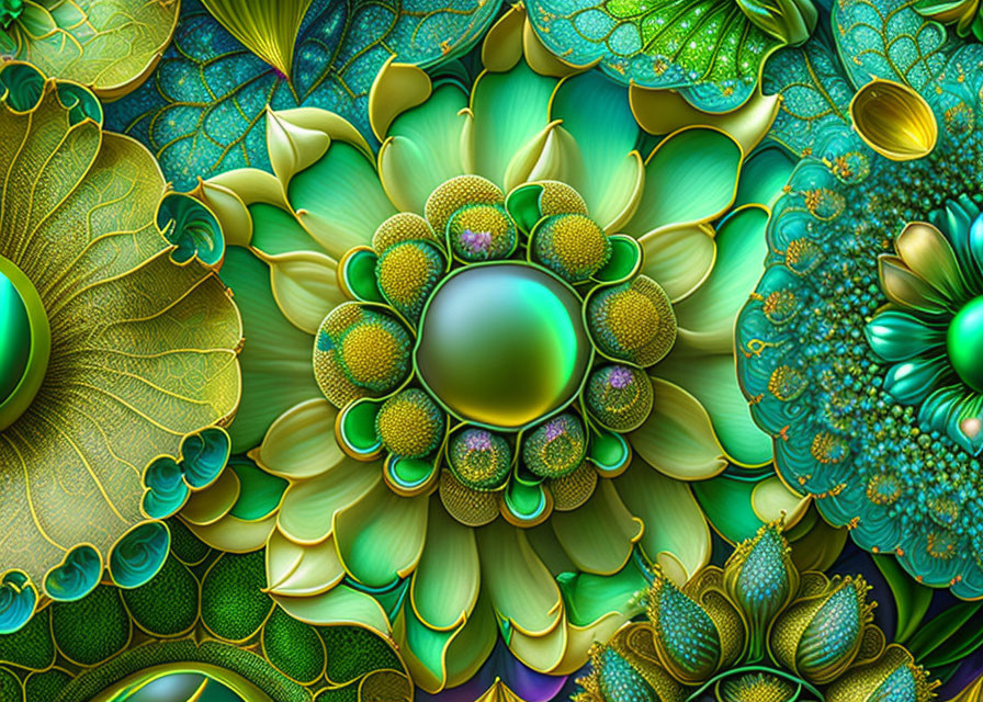 Colorful fractal art: Leaf-like patterns, spheres, green and blue hues, golden accents