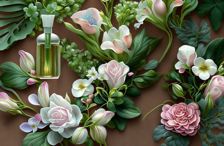 Floral fragrance depicted with elegant perfume bottle and illustrated flowers