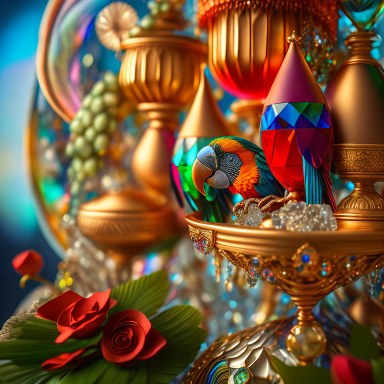 Colorful parrot surrounded by golden ornaments and gemstones in a rich, fantastical setting