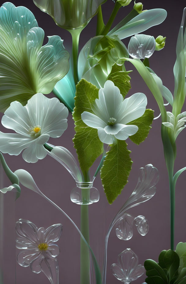 Translucent and Opaque Flowers and Leaves in Green and White