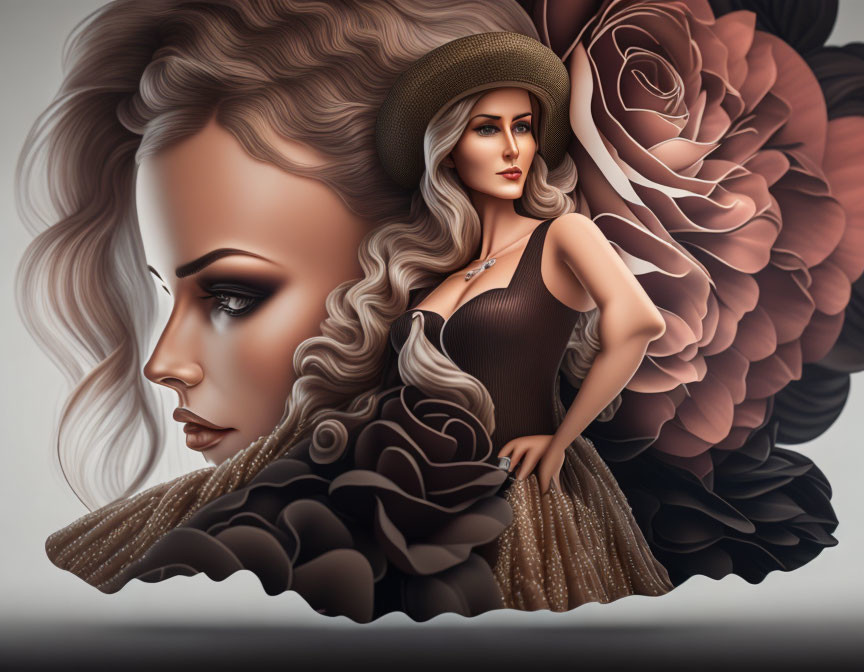 Woman with flowing hair and hat, large stylized roses in the background