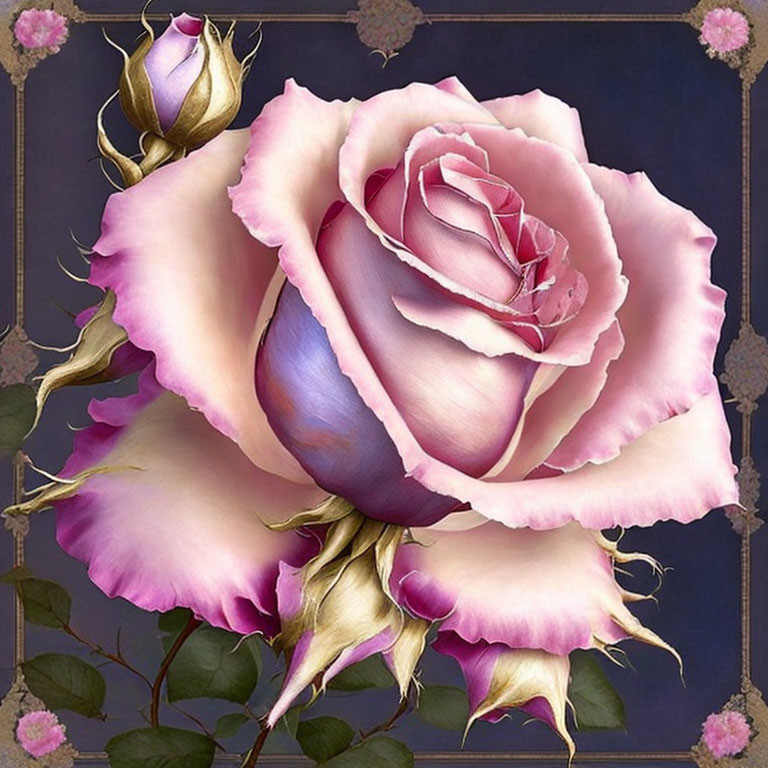 Detailed Pink Rose Illustration with Blue Hint on Dark Blue Background