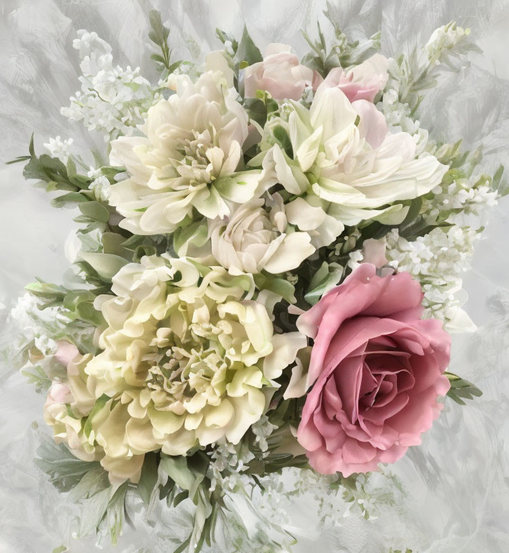 Pale pink roses and white hydrangeas bouquet on soft-focused image