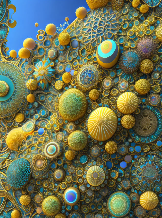 Intricate Blue and Yellow Fractal Art with Spherical Patterns