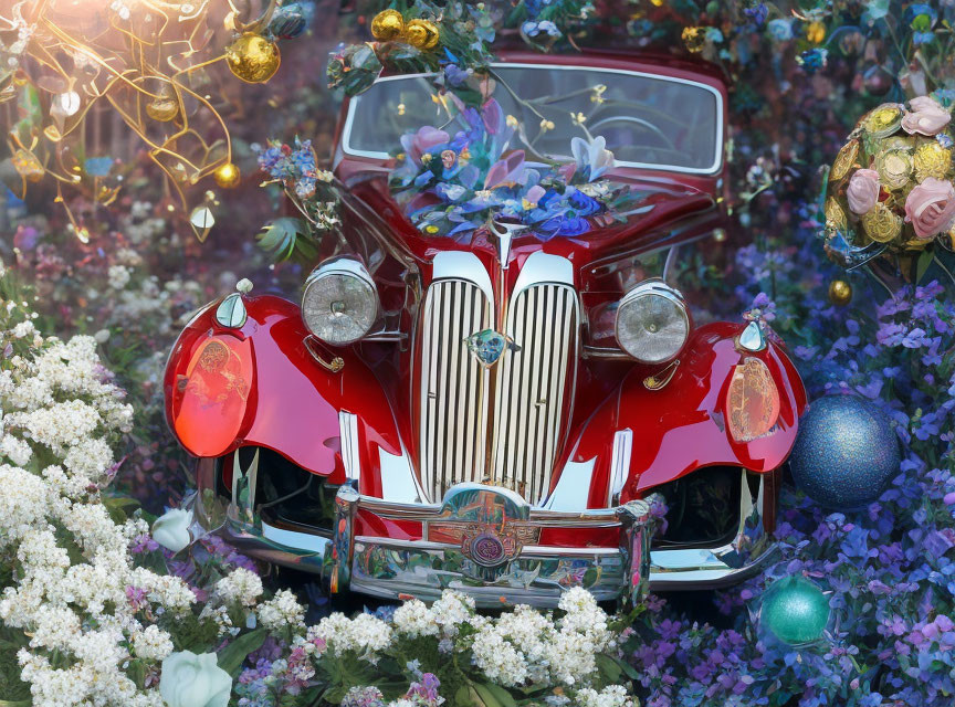 Vintage Red Car Decorated with Flowers in Whimsical Setting