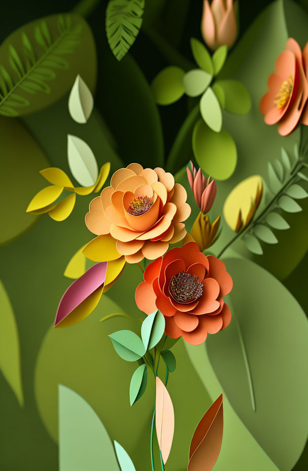 Vibrant 3D paper art flowers in orange and red with green foliage