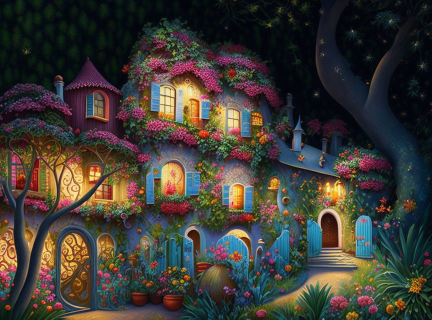 Charming night scene of illuminated cottage with pink flowers