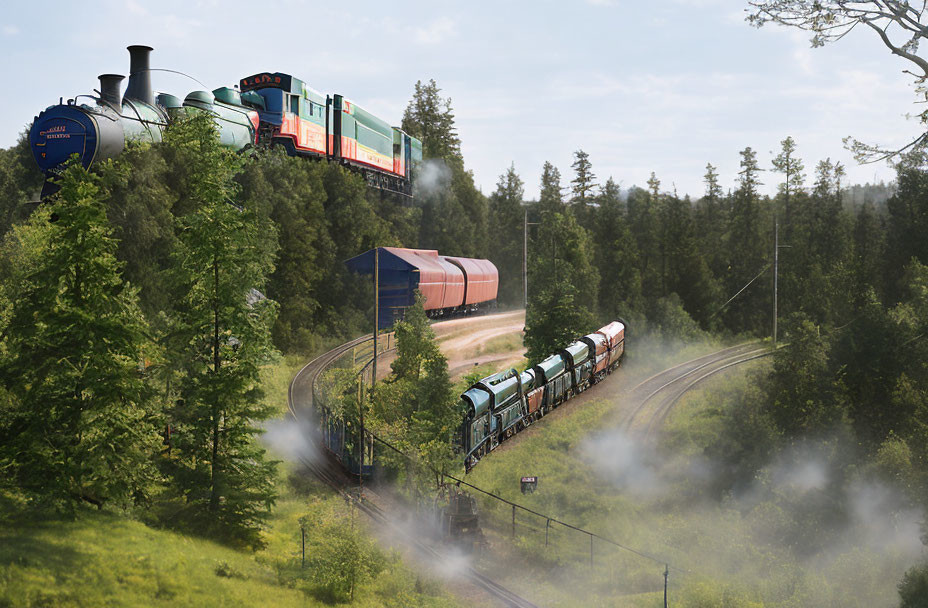 Colorful steam locomotive pulling freight cars in lush green landscape