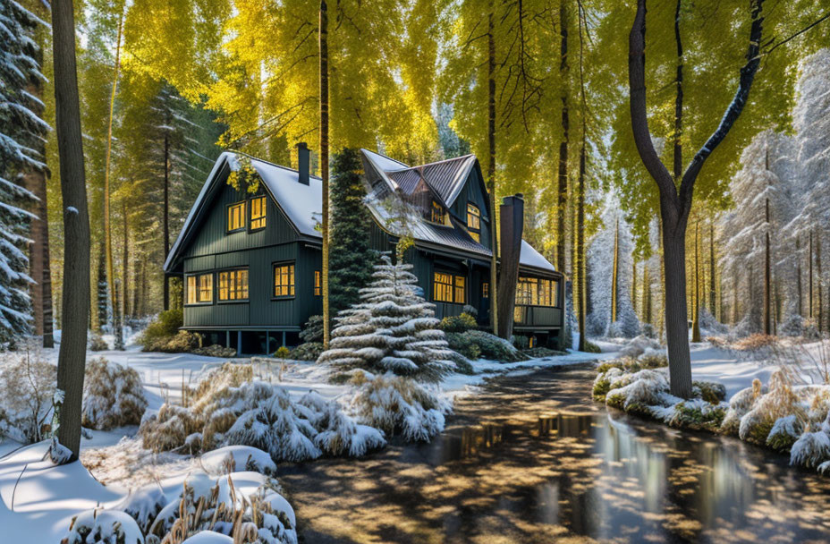Green house in snowy forest with autumn leaves and sunlight.