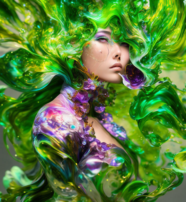 Vibrant green and purple flowing hair portrait with dreamlike quality