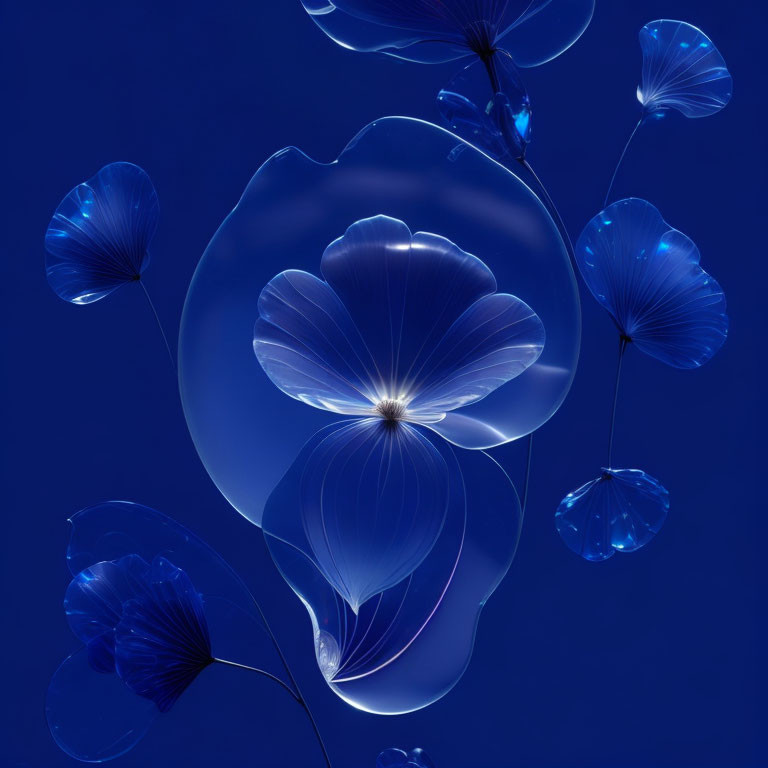 Translucent blue flowers in digital artwork on deep blue background