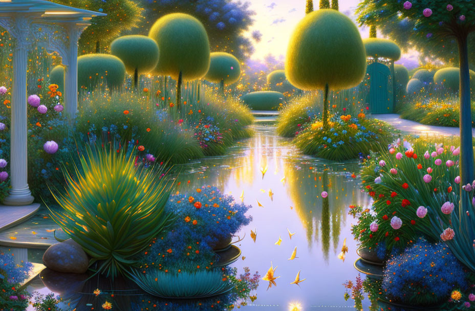 Fantasy garden with lush topiary, colorful flowers, river, glowing butterflies