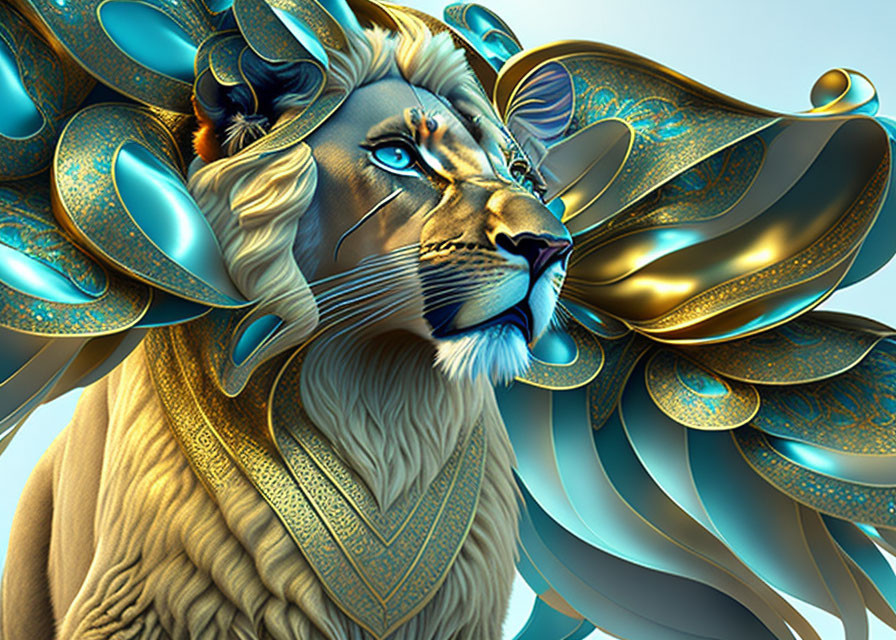 Majestic lion with golden and turquoise ornate mane