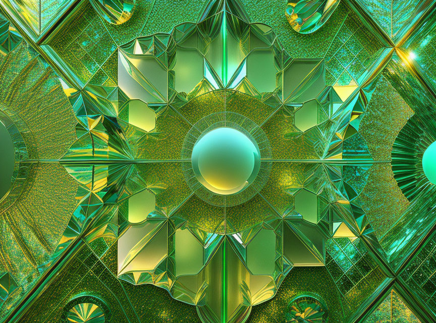 Symmetrical green and gold geometric digital artwork
