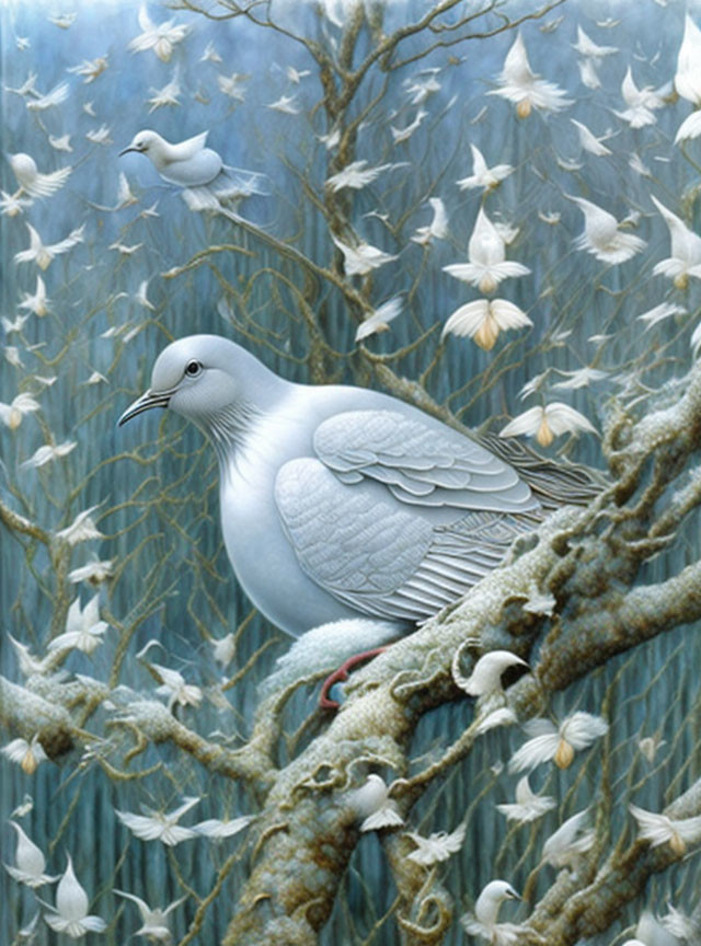 Detailed Painting: White Dove on Mossy Branch with Floating Feathers