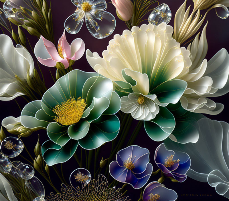 Detailed digital art: white, green, purple flowers on dark background with bubbles