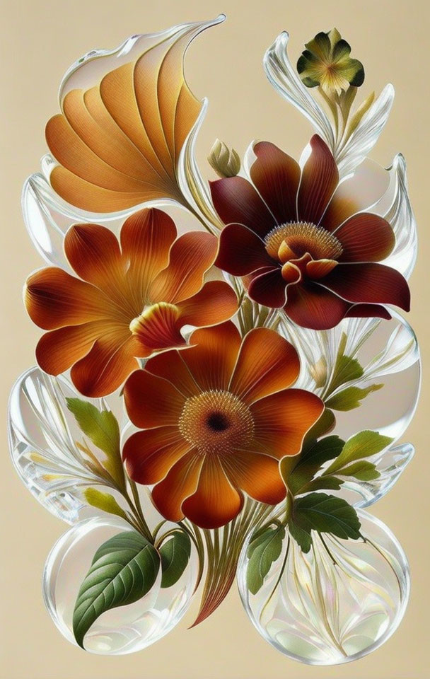 Translucent and Opaque Glass Flowers in Orange, Brown, and Green on Beige Background