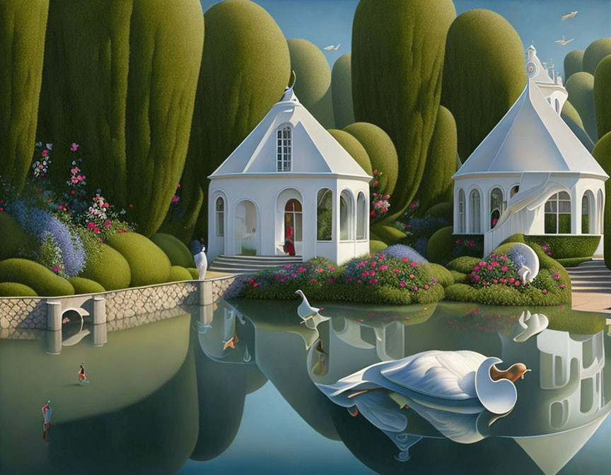 Surreal landscape featuring white chapels, green topiary, colorful flowers, reflective water,