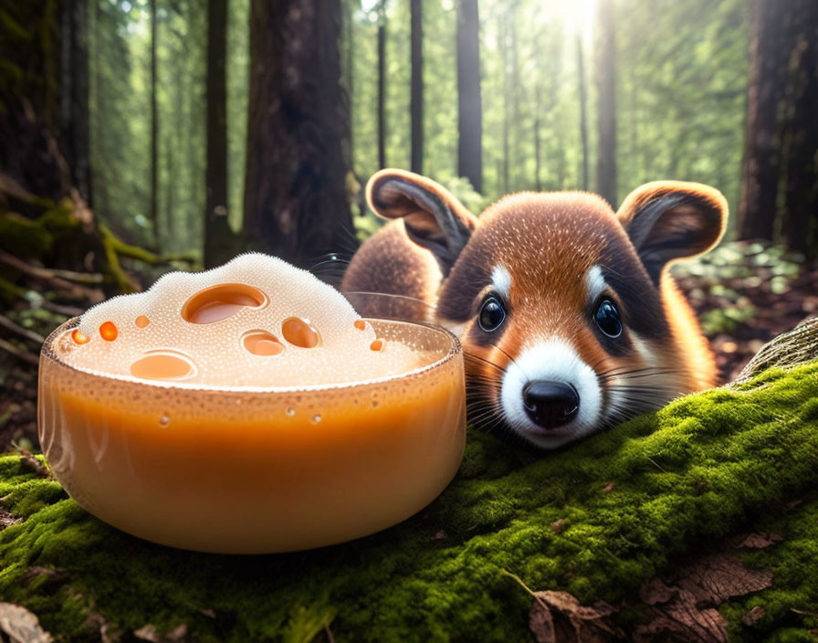 Red panda observing steaming beverage in forest setting