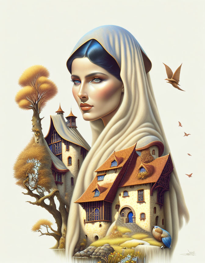 Whimsical landscape integrated into woman's portrait