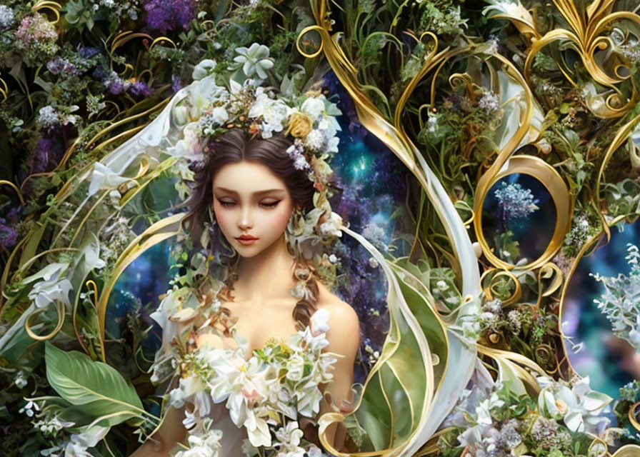 Serene woman adorned with intricate floral designs in mystical setting