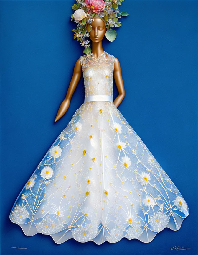 Mannequin showcases white bridal gown with floral accents on blue background