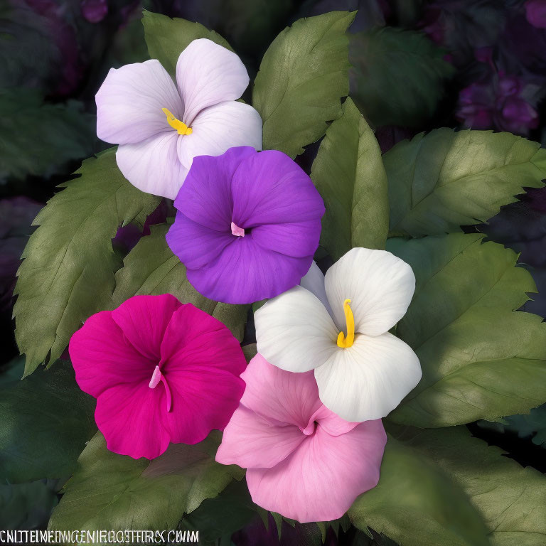 Five colorful morning glories on green leaves against purple backdrop