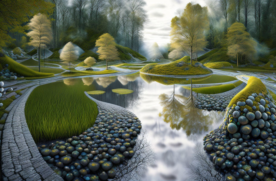 Vibrant surreal landscape with cobblestone paths and reflective ponds