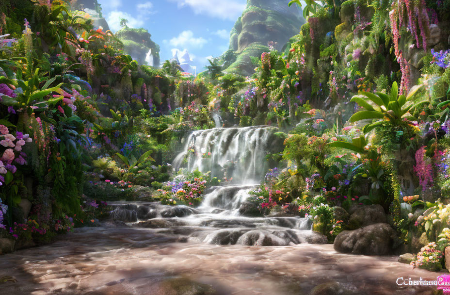 Tranquil waterfall surrounded by lush greenery and vibrant flowers