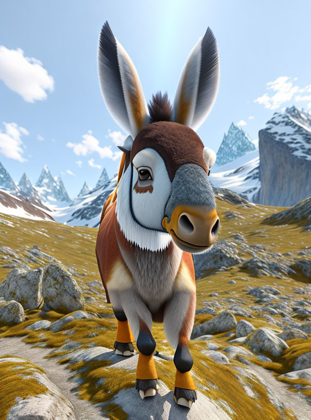 3D-animated donkey with expressive eyes in mountain landscape