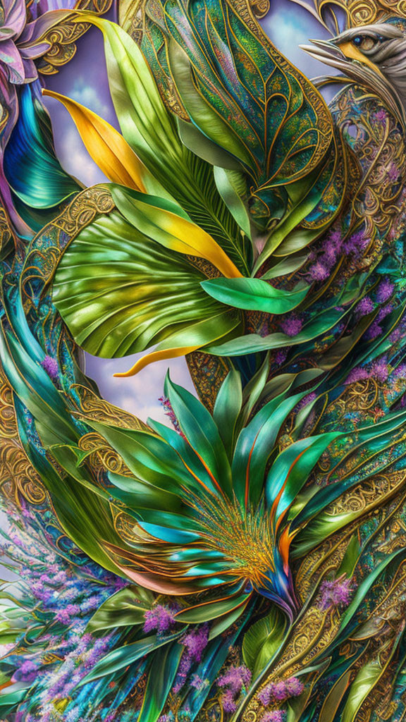 Colorful digital art: ornate feathers, flowers, intricate patterns, jewel tones.