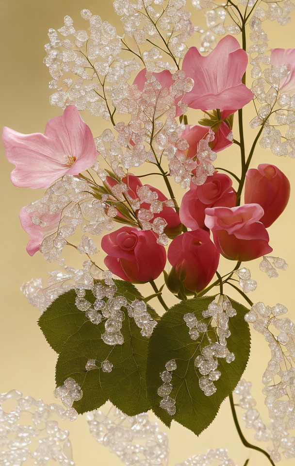Delicate pink flowers and red buds with green leaves on soft yellow background