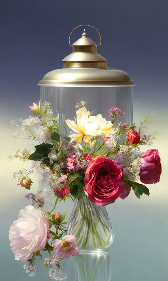Colorful flowers in transparent vase with metallic spray can top