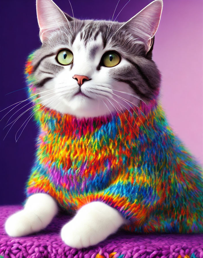 Grey and White Cat in Colorful Knitted Sweater on Purple Background