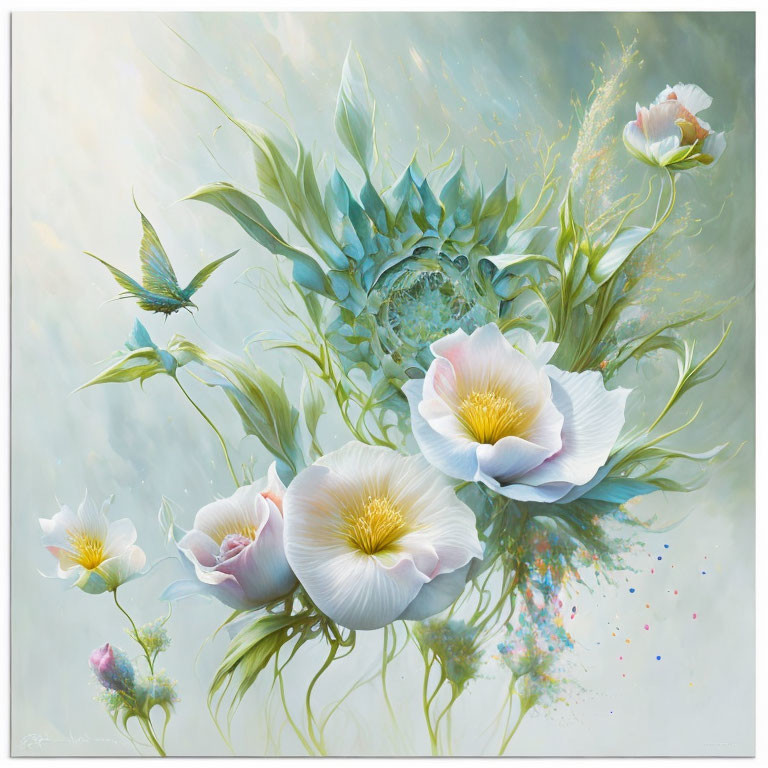 Tranquil artwork: white flowers, green foliage, blue hummingbirds in soft pastel strokes